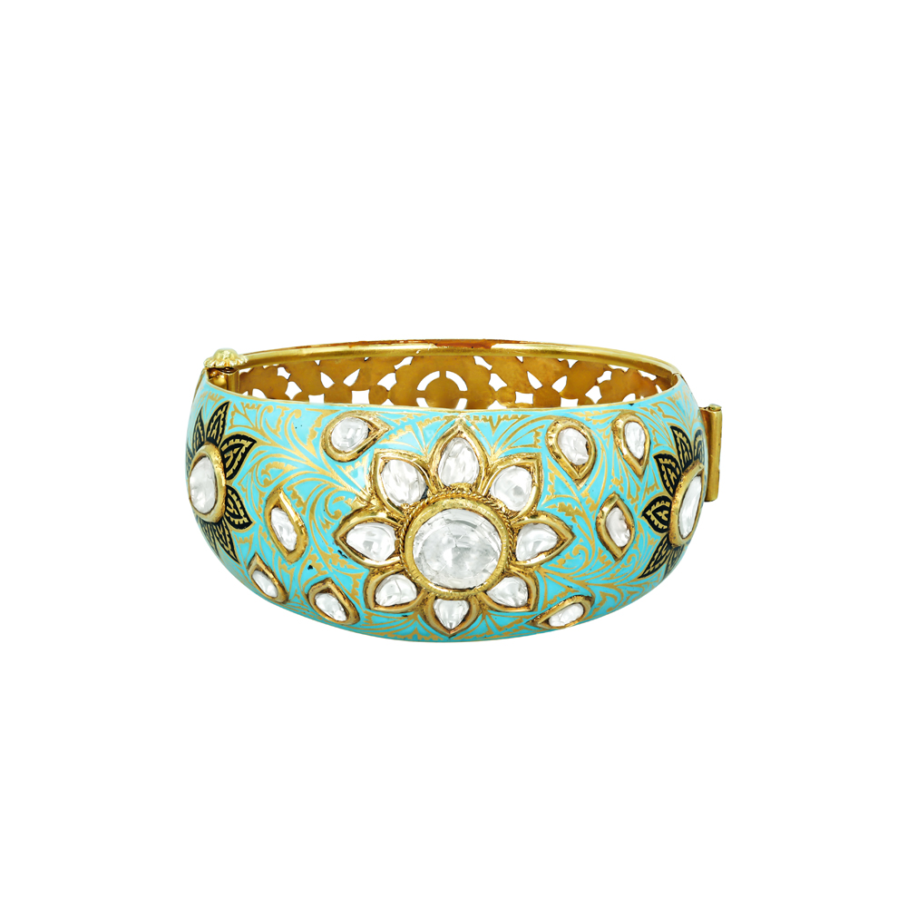 Turquoise Enamel Bangle with Polki Florals and Engraved Band